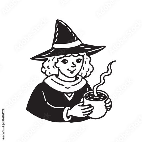 Whimsical witch brewing a magical potion in a cauldron fantasy illustration