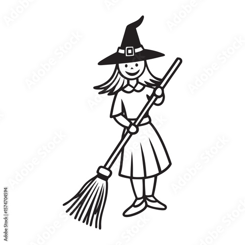Whimsical witches flying on broomsticks in a magical night sky illustration