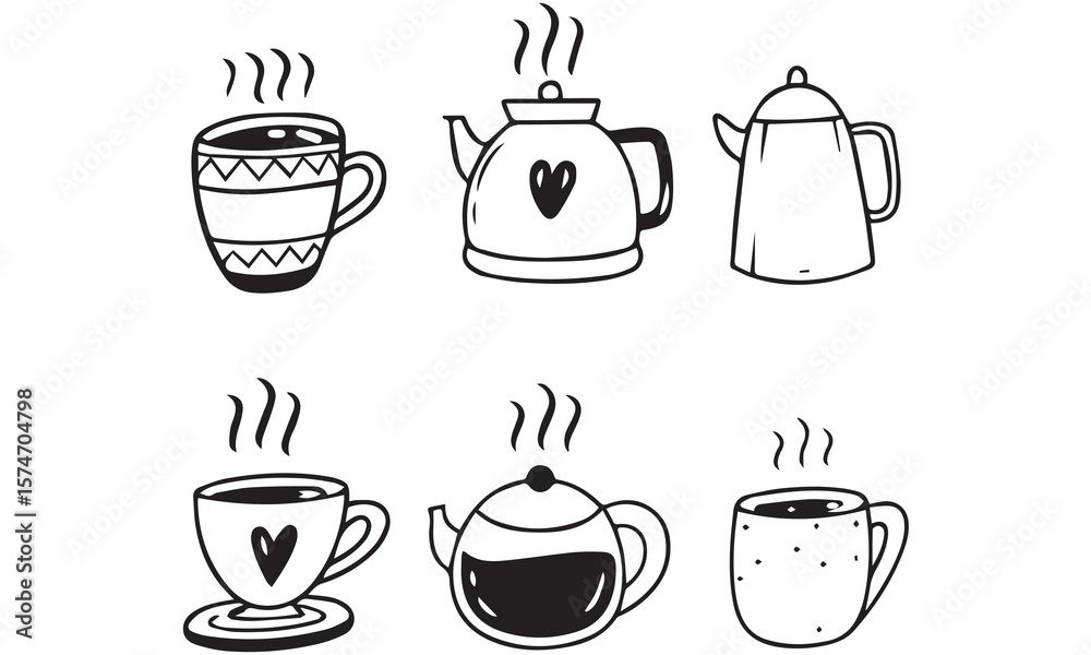 Fototapeta premium Coffee Cups and Tea Cups Doodles set