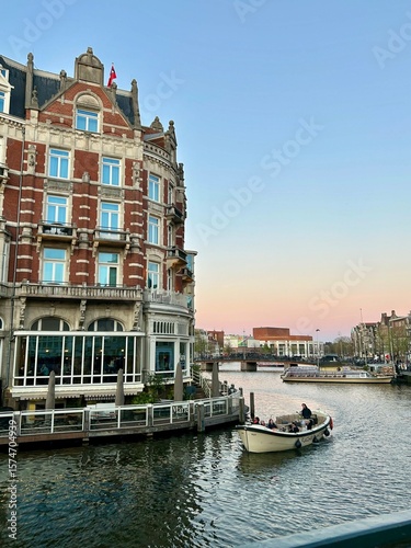 Photography View of Amsterdam Canal with Traditional Dutch Houses