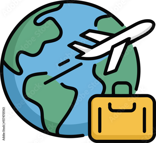 Airplane Flying Around Globe With Suitcase Icon Representing Travel Tourism Vacation Journey Trip Adventure World Tour Flight Illustration

