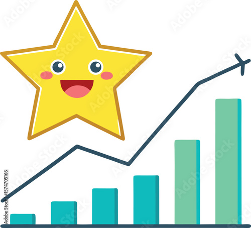 Happy star character above upward trending bar chart