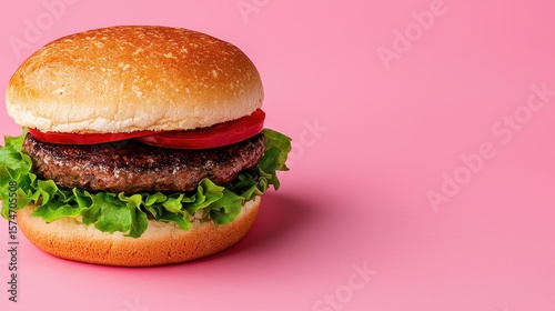 Juicy Beef Hamburger with Lettuce and Tomato on Pink Background