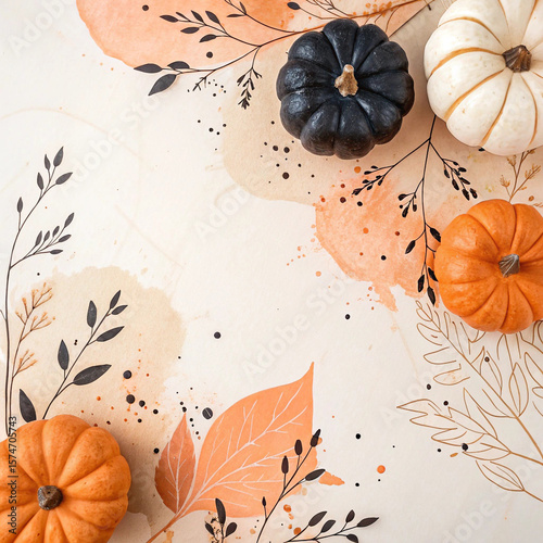 Festive halloween background featuring colorful pumpkins, autumn leaves, and artistic paint splatters, offering ample copy space for holiday greetings or thematic designs