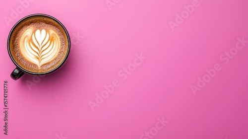 Latte Art Coffee on Pink Background Overhead View