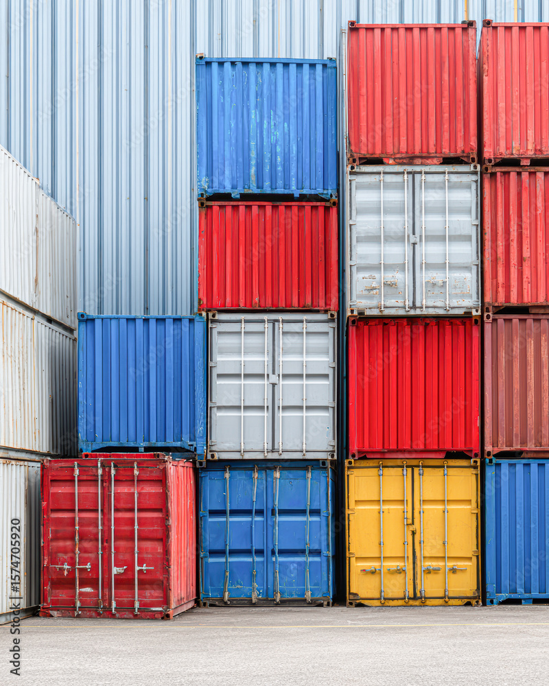 Fototapeta premium Stacked colorful shipping containers arranged in neat rows, showcasing industrial storage and transport infrastructure.