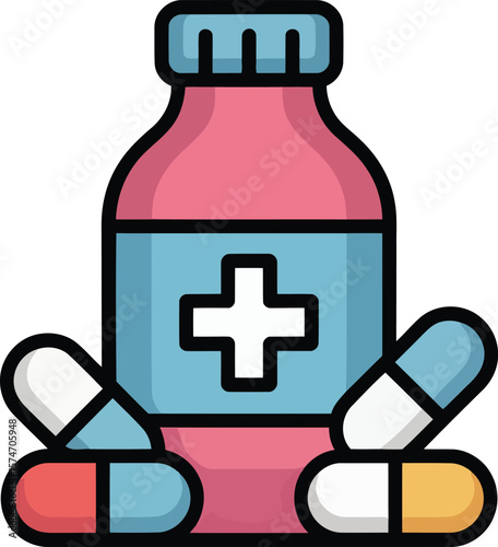 Cartoon Medicine Bottle With Capsules And Cross Symbol Representing Healthcare Pharmacy Treatment Pills Drugs Medical Illustration

