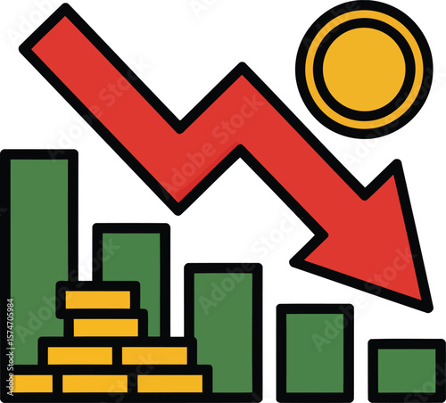 Financial Loss Chart With Downward Arrow And Coins Icon Representing Market Crash Recession Economy Decline Business Crisis Illustration

