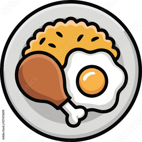 Delicious Cartoon Fried Egg Chicken Leg And Rice Meal On Plate Icon Representing Food Breakfast Lunch Dinner Cooking Illustration

