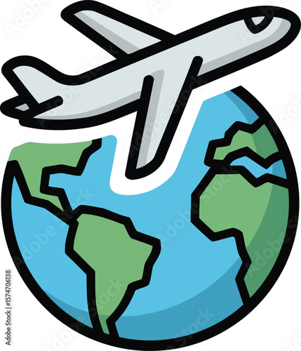 Airplane Flying Over Earth Globe Icon Representing Global Travel Tourism Vacation World Tour Journey Flight International Adventure

