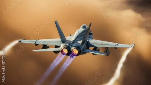 Jet Aircraft Flying Through Desert Skies with Streaks of Smoke and Engine Flames in Beige Landscape
