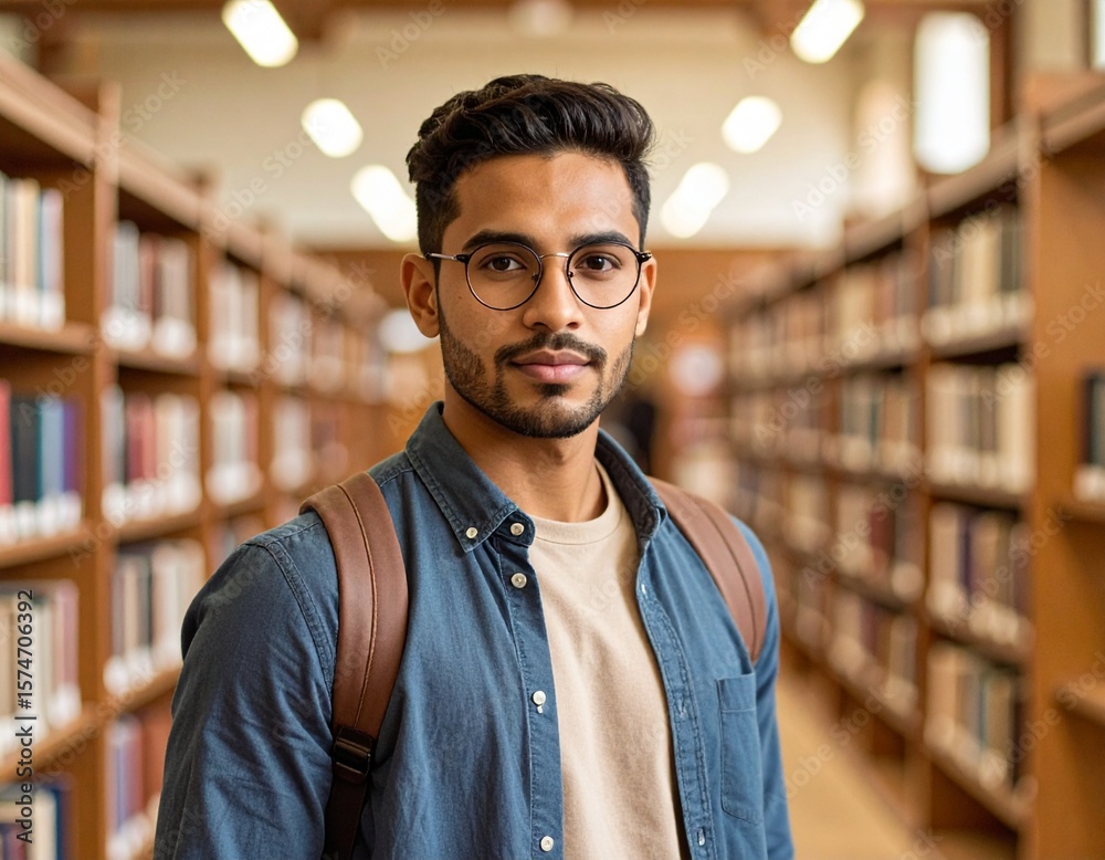 Fototapeta premium Young Man with Glasses in a Library