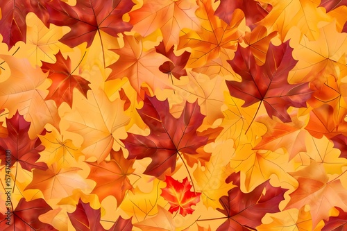 Seamless autumn leaves pattern, maple and oak leaves, warm fall colors, red, orange, yellow, natural texture, soft background, seasonal design, tileable pattern