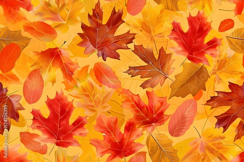 Seamless autumn leaves pattern, maple and oak leaves, warm fall colors, red, orange, yellow, natural texture, soft background, seasonal design, tileable pattern