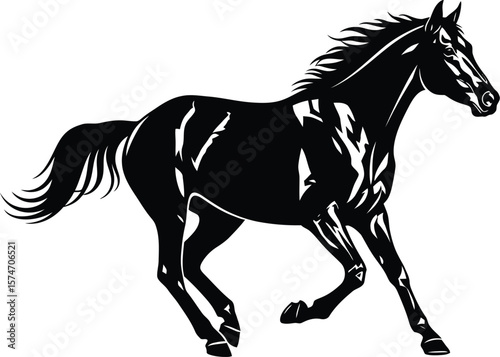 A black horse running with its mane and tail flowing on a white background art
