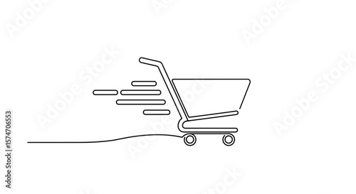 Shopping cart moving quickly with motion lines on white background  