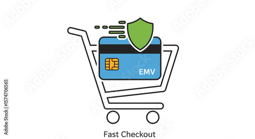 Shopping cart with EMV card and shield symbolizing fast checkout  