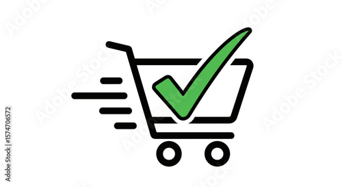 Shopping cart icon with green check mark indicating confirmation  
