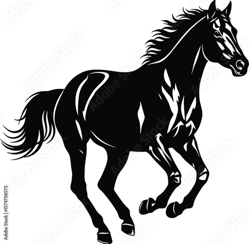 A black silhouette of a horse running on a white background in a vector style