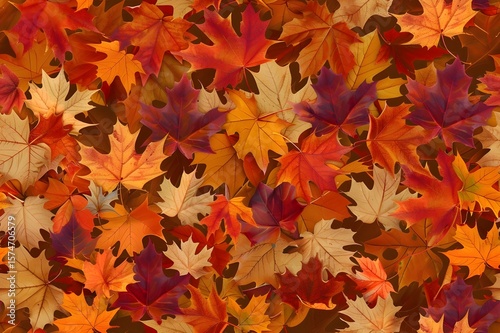 Seamless autumn leaves pattern, maple and oak leaves, warm fall colors, red, orange, yellow, natural texture, soft background, seasonal design, tileable pattern