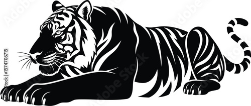 A stylized black and white tiger lying down with stripes and curled tail design