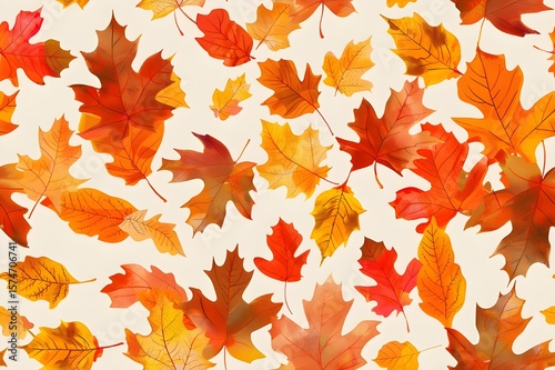 Seamless autumn leaves pattern, maple and oak leaves, warm fall colors, red, orange, yellow, natural texture, soft background, seasonal design, tileable pattern