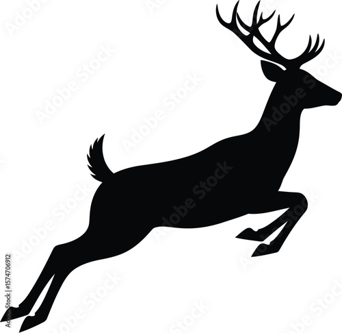 A silhouette of a deer leaping with antlers visible against a white background