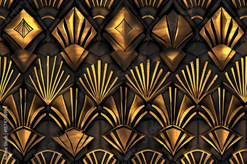 Seamless Art Deco pattern, geometric symmetry, bold lines and shapes, 1920s style, black and gold, luxury design, clean elegant tile, tileable texture