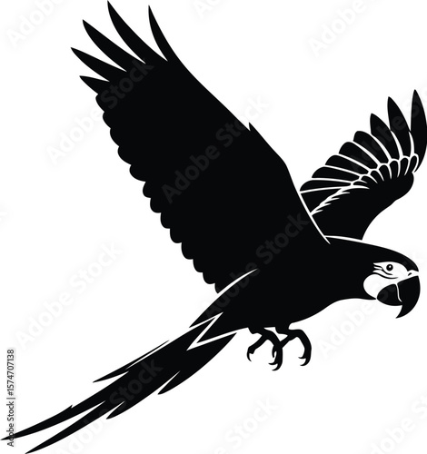 A black silhouette of a parrot with its wings spread in a flying position viewed