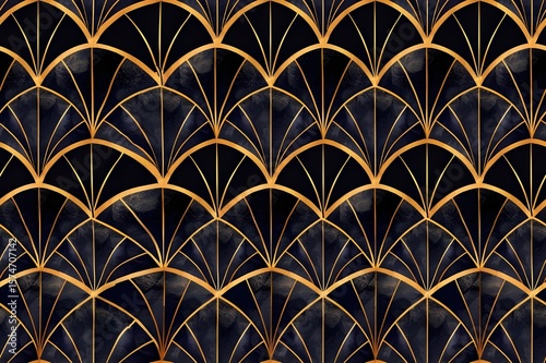 Seamless Art Deco pattern, geometric symmetry, bold lines and shapes, 1920s style, black and gold, luxury design, clean elegant tile, tileable texture