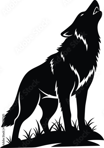 A black silhouette of a wolf howling on a small patch of grass on a white background