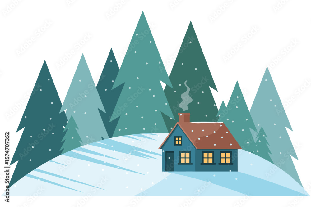 Naklejka premium Wooden cabin nestled in snow with pine forest