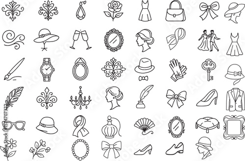 Collection of Retro Fashion, Classic Accessories, and Luxury Outline Icons