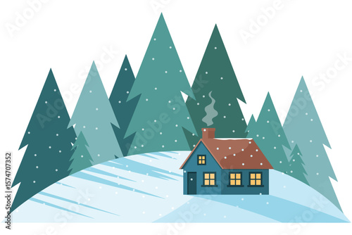 Wooden cabin nestled in snow with pine forest

