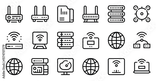 Network and Connectivity Line Icons Set: Modern Router, Server, Wi-Fi, and Global Communication Vector Graphics for Technology, Data, and Internet Concepts