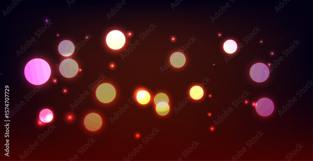 A soft and elegant abstract background featuring glowing red, yellow, and pink bokeh circles over a dark gradient.