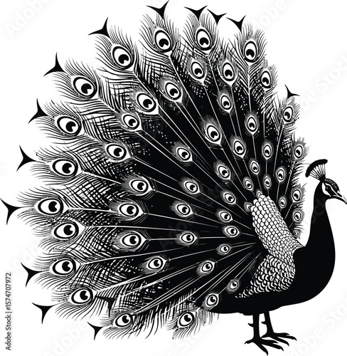 A black and white illustration of a peacock with its feathers fully displayed