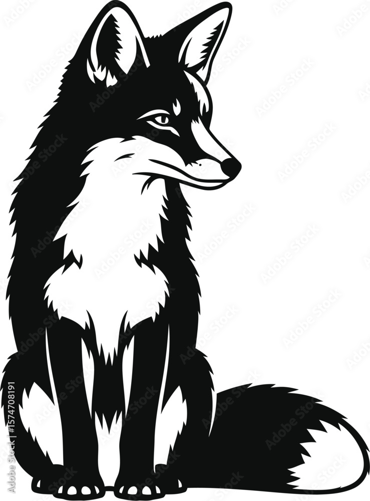 Obraz premium A black and white graphic illustration of a fox sitting and looking sideways