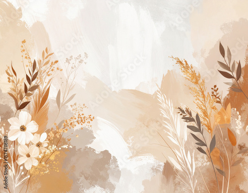 Abstract floral illustration with soft brushstrokes and delicate botanical elements.