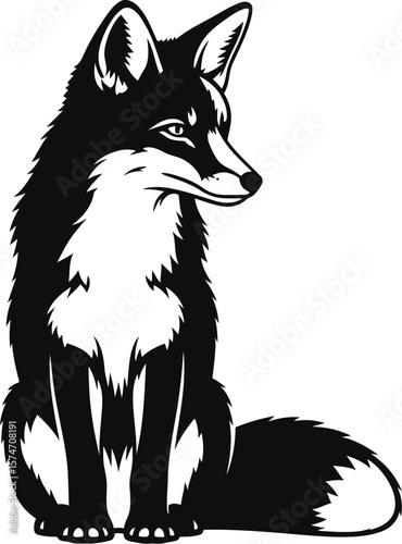 A black and white graphic illustration of a fox sitting and looking sideways