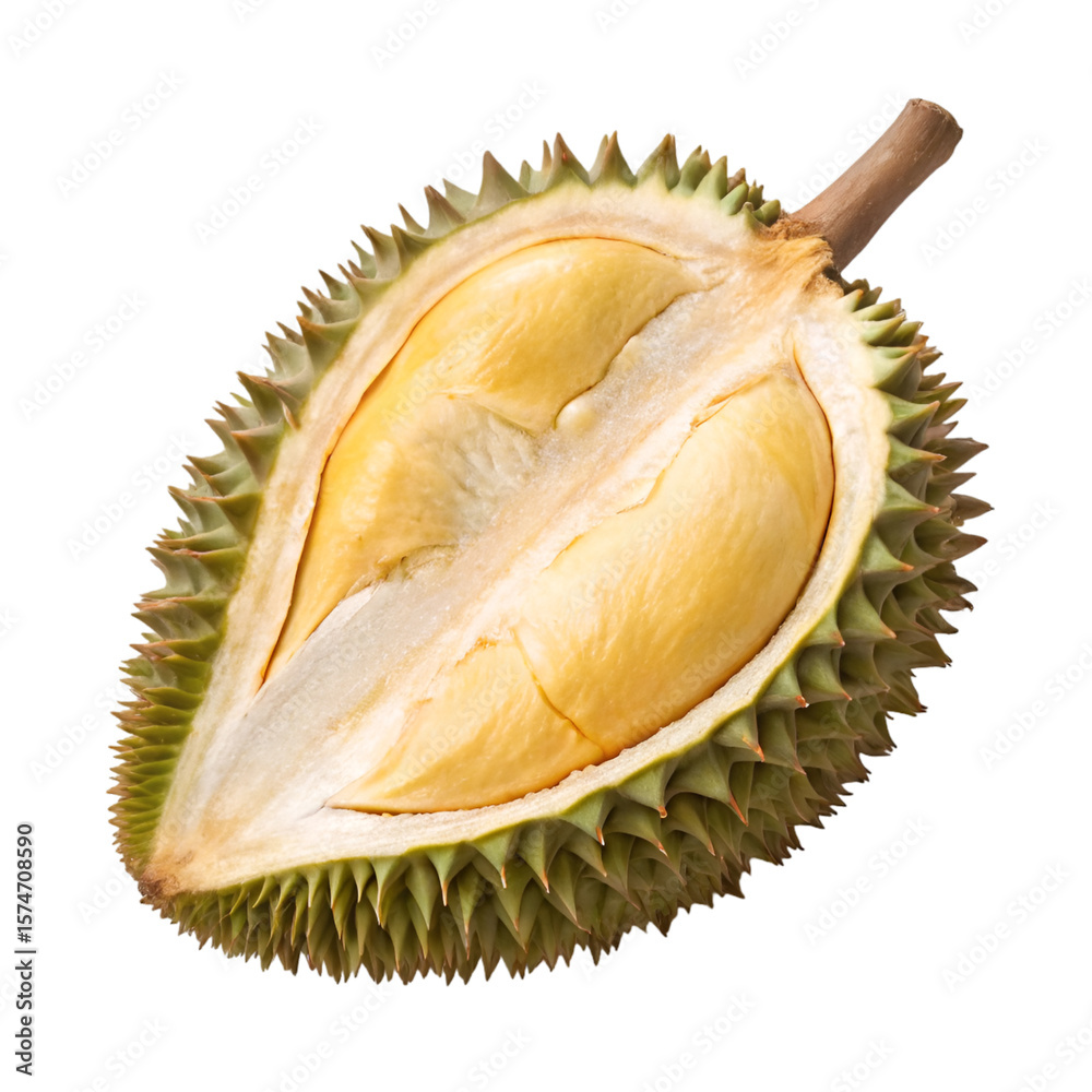 Obraz premium Whole durian fruit isolated on transparent background ideal for exotic tropical food and fruit visuals