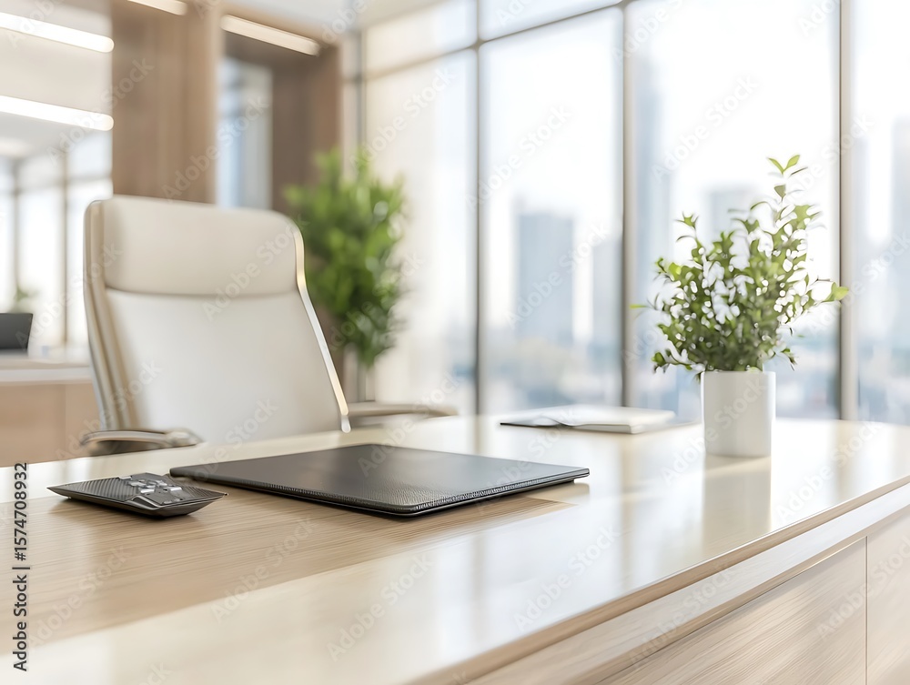 Fototapeta premium Executive office with cityscape view modern workspace business environment professional setting urban aesthetic