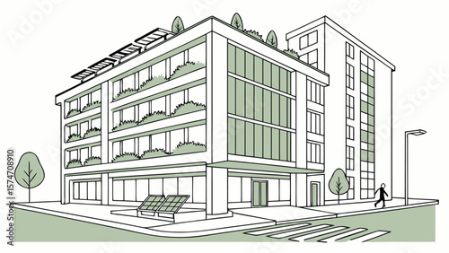 Illustration of a modern building with solar panels and greenery on balconies and roof garden view