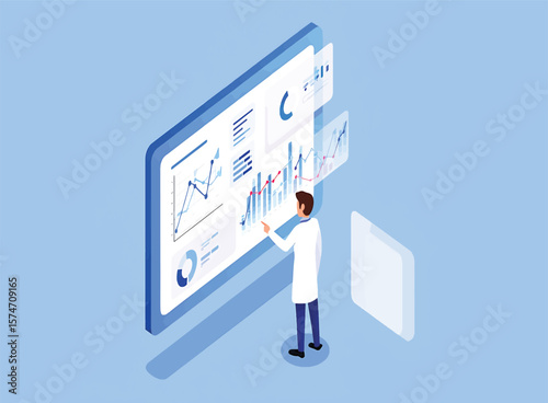 Data Analysis Isometric Vector Illustration of a Scientist Reviewing Charts and Graphs on a Large Display