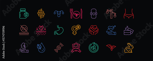 Editable stroke icon set about feminine health, intimate care, probiotics, and vaginal wellness. Ideal for packaging and medical infographics.