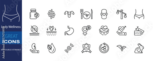 Editable stroke icon set about feminine health, intimate care, probiotics, and vaginal wellness. Ideal for packaging and medical infographics.