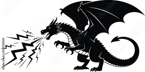 A black silhouette of a dragon breathing lightning on a plain white background image