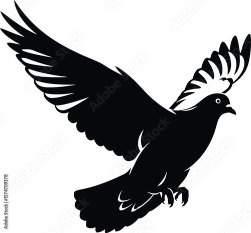Illustration of a black silhouette of a bird flying with its wings spread wide