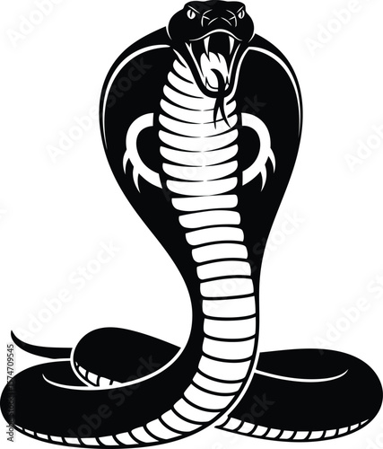 A black and white illustration of a cobra with its hood spread and tongue out
