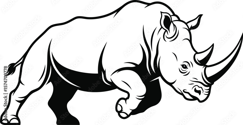 Obraz premium A striking black and white illustration of a charging rhinoceros on white background